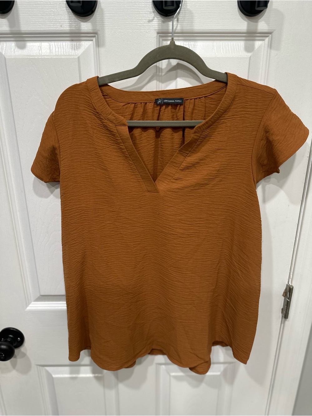 Adrianna Papell Rust Short Sleeve V-Neck Textured Top